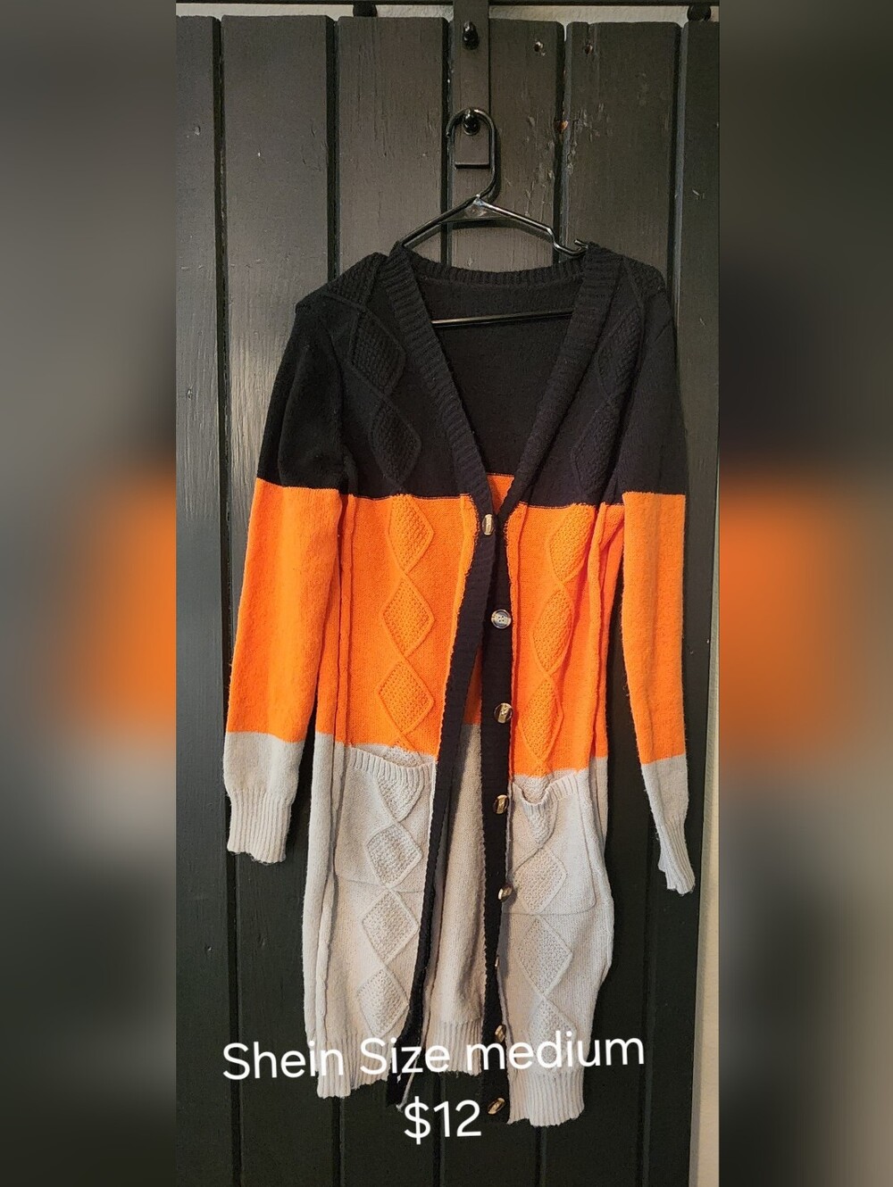 SHEIN Black Orange Gray Colorblock Cable-Knit Long Cardigan